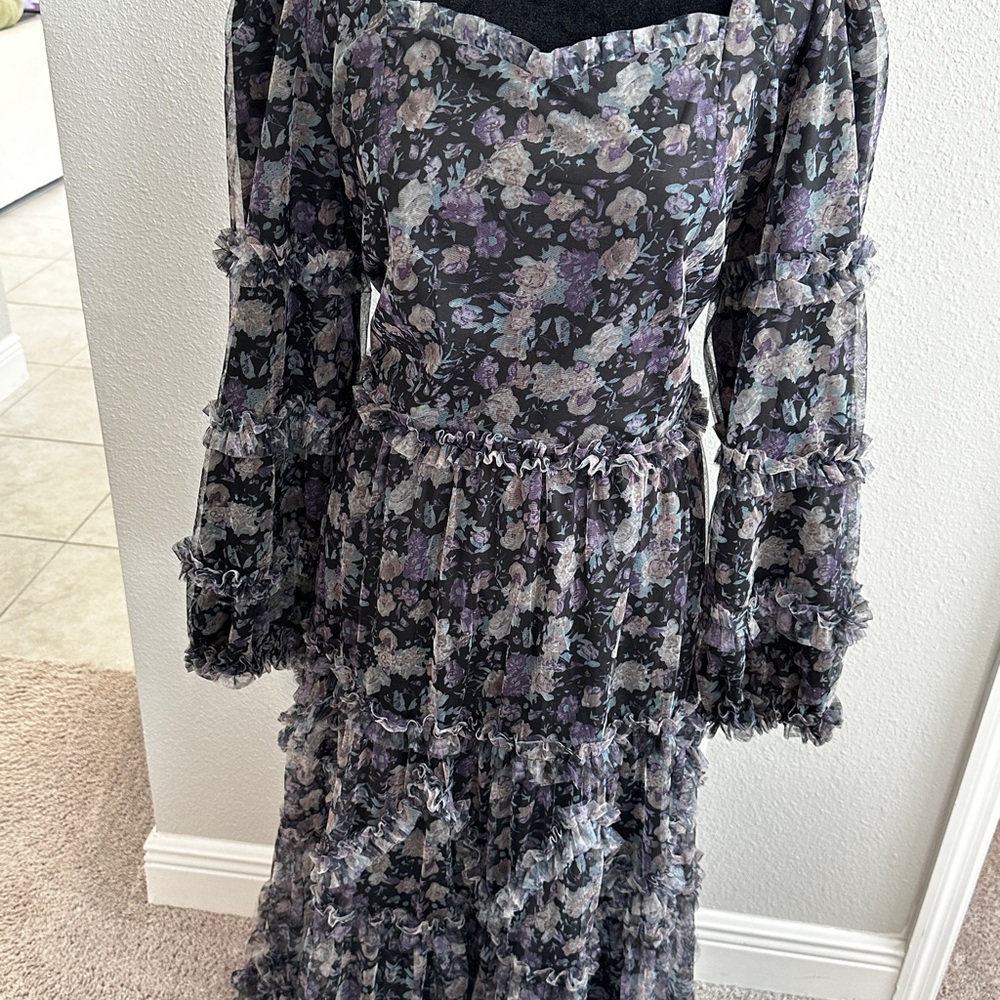 Ivy City Co Black and Purple Ruffled Tiered Gown with Sweetheart Neckline